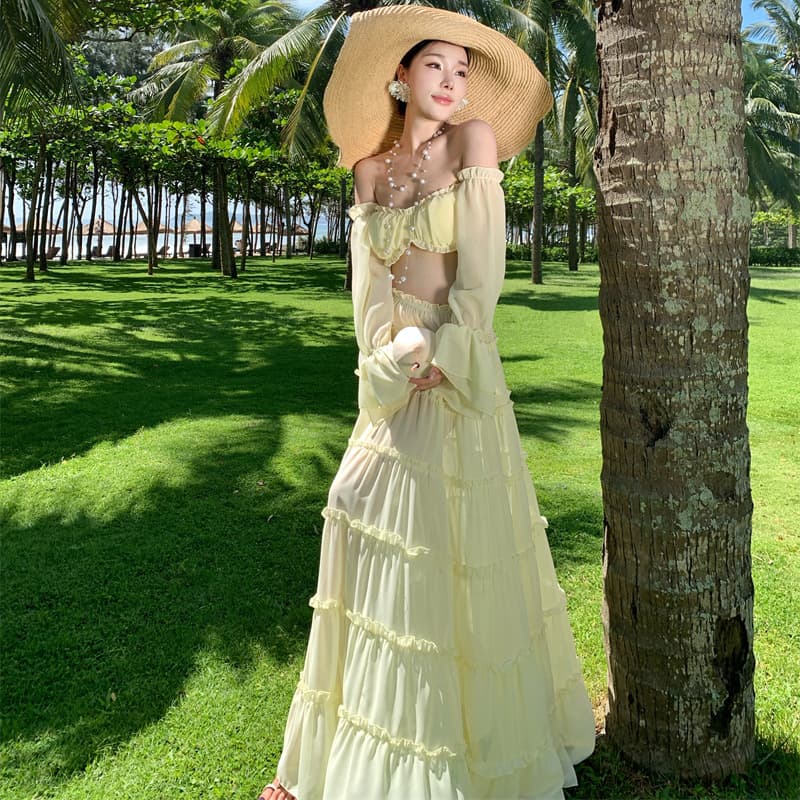 Beach Vacation French Style Off-Shoulder Two-Piece Set: Cropped Top and High-Waist Long Skirt for Women Spring
