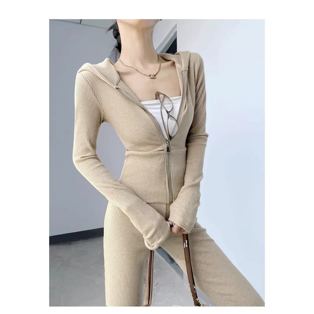 High-End Stylish Women's Outfit, New Spring and Autumn Fashion, Hooded Waist-Cinching Top, Slightly Flared Casual Long Pants Two-Piece Set