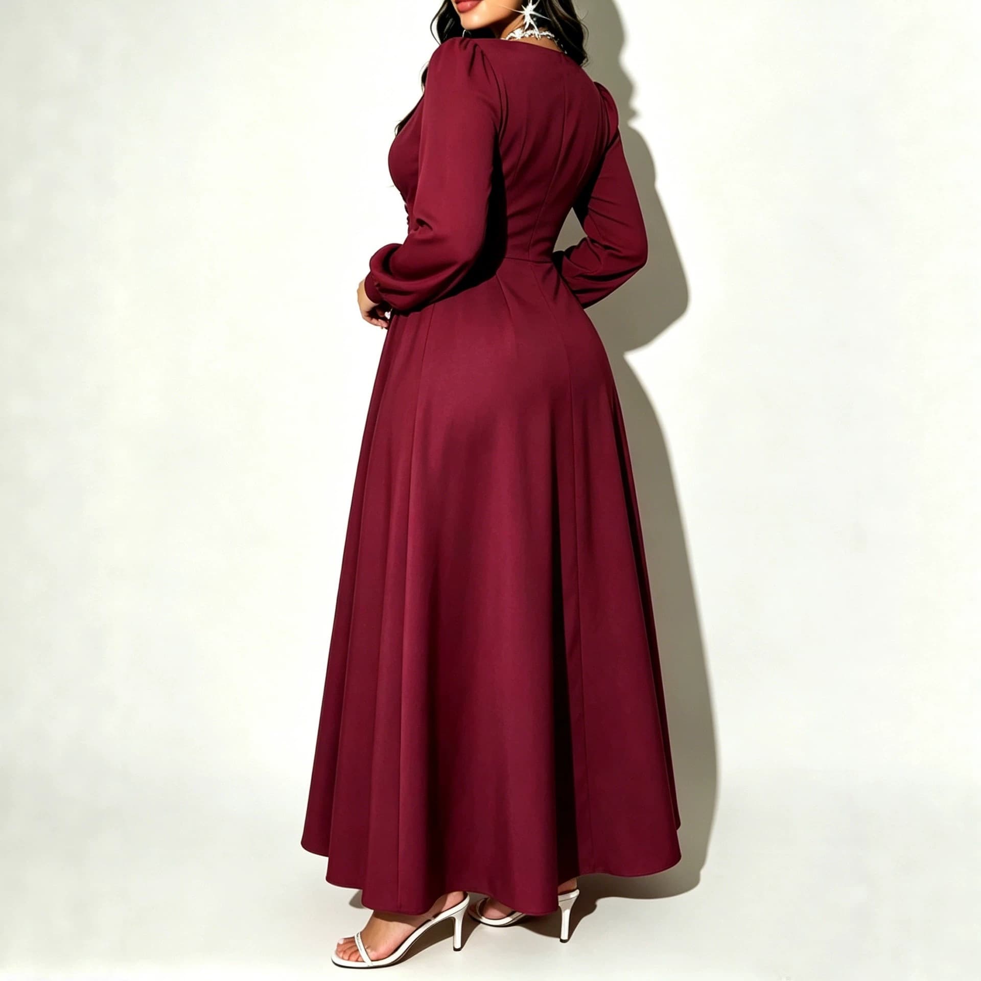 Overseas Trade European and American Plus Size 2026 Autumn New Arrival Elegant V-Neck Waist-Cinching Mid-Length Long-Sleeve Dress