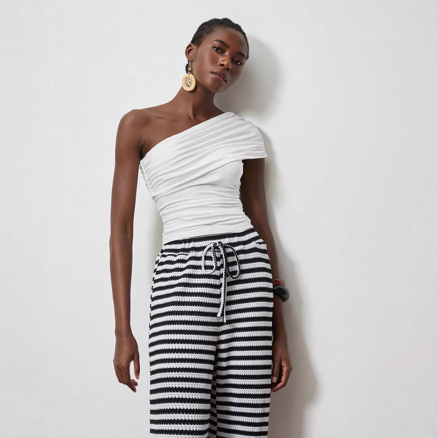 Summer Cross-Border European and American Women's Fashion Pleated Off-Shoulder Sleeveless Top for Export Amazon 2503135
