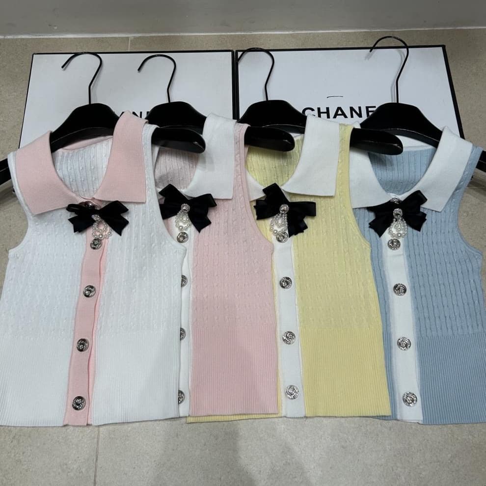 2026 New Summer Style Contrast Color Lapel Knitted Vest Cardigan Slim Korean Style Bow Three-Dimensional Women's Top