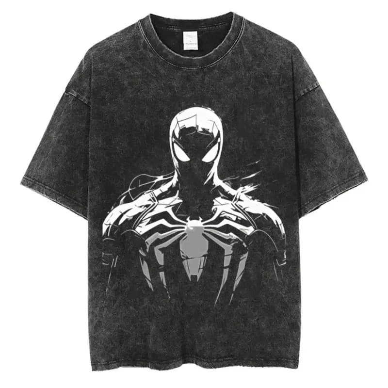 Marvel Spider-Man Fashion Casual T-Shirt, Washed Retro T-Shirt, Street Hip-Hop Casual Loose T-Shirt
