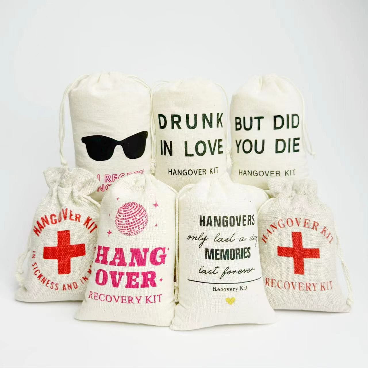 Red Cross Hangover Kit Bag, Linen Cotton First Aid Pouch, Party Gift Bag, Hangover Kit Bags