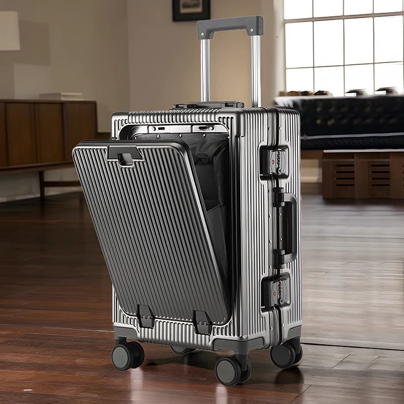 Large Capacity USB Charging Aluminum Frame Luggage with Cup Holder Front Opening Carry-On Suitcase for Business Travel