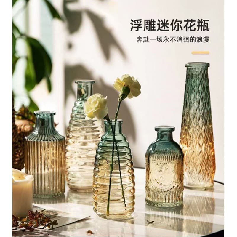 Vintage Embossed Transparent Small Vase Living Room Decoration Gradient Color Home Flower Arrangement Hydroponic Glass Bottle Fresh Flowers