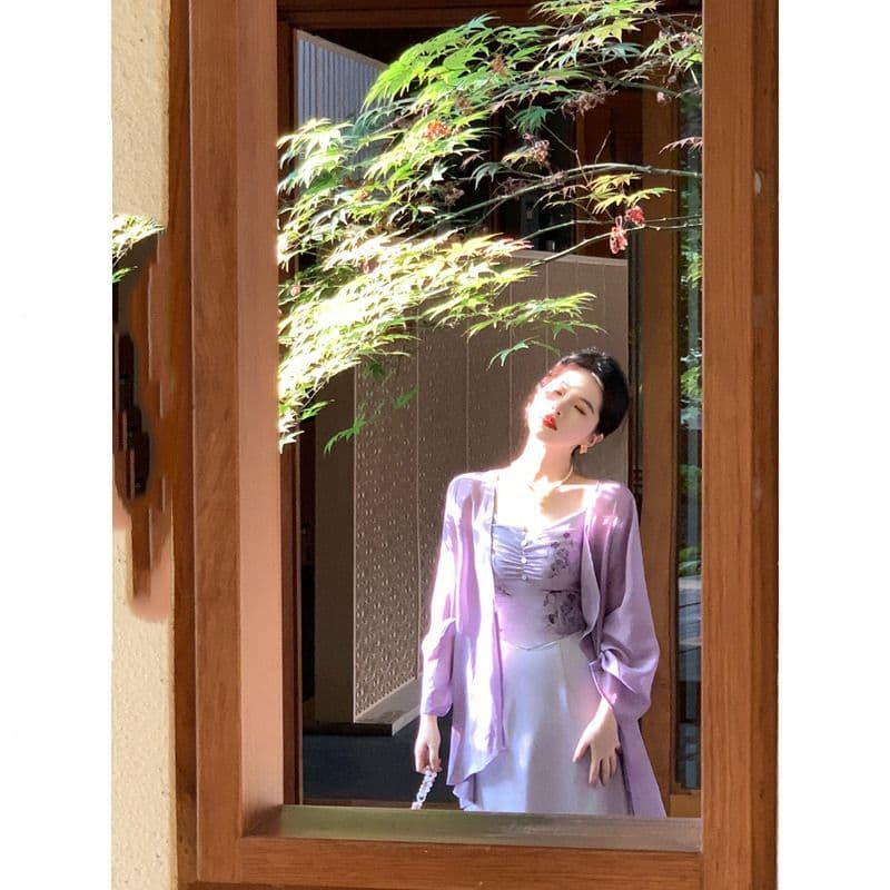 Summer 2023 "Purple Cornus" gentle style purple retro new Chinese suspender long dress to slim down the waist