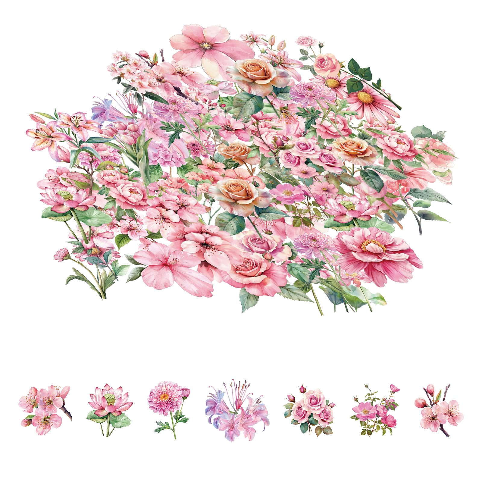 Pink Blossom Season Cartoon Pink Floral Romantic Sticker Pack for iPad Journaling Waterproof Creative Gift Stickers