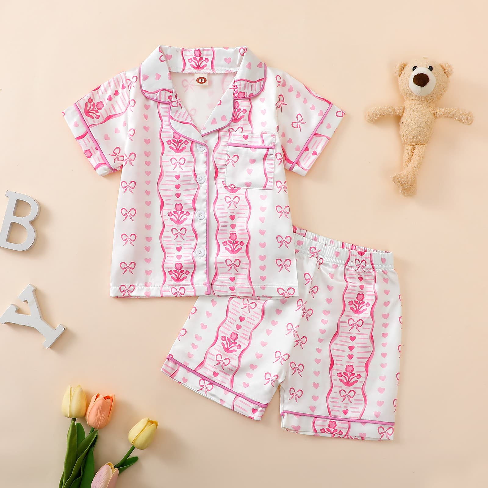 Kids Pajama Set Summer Bow Print Girls Homewear Two-piece Set Kids Short Sleeve Turn-down Collar Air Conditioning Wear