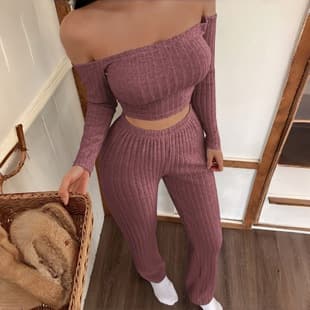 Autumn Winter Women's European American Style Knitted Cotton Ribbed Thick Warm Long Sleeve Long Pants Pajama Loungewear Set