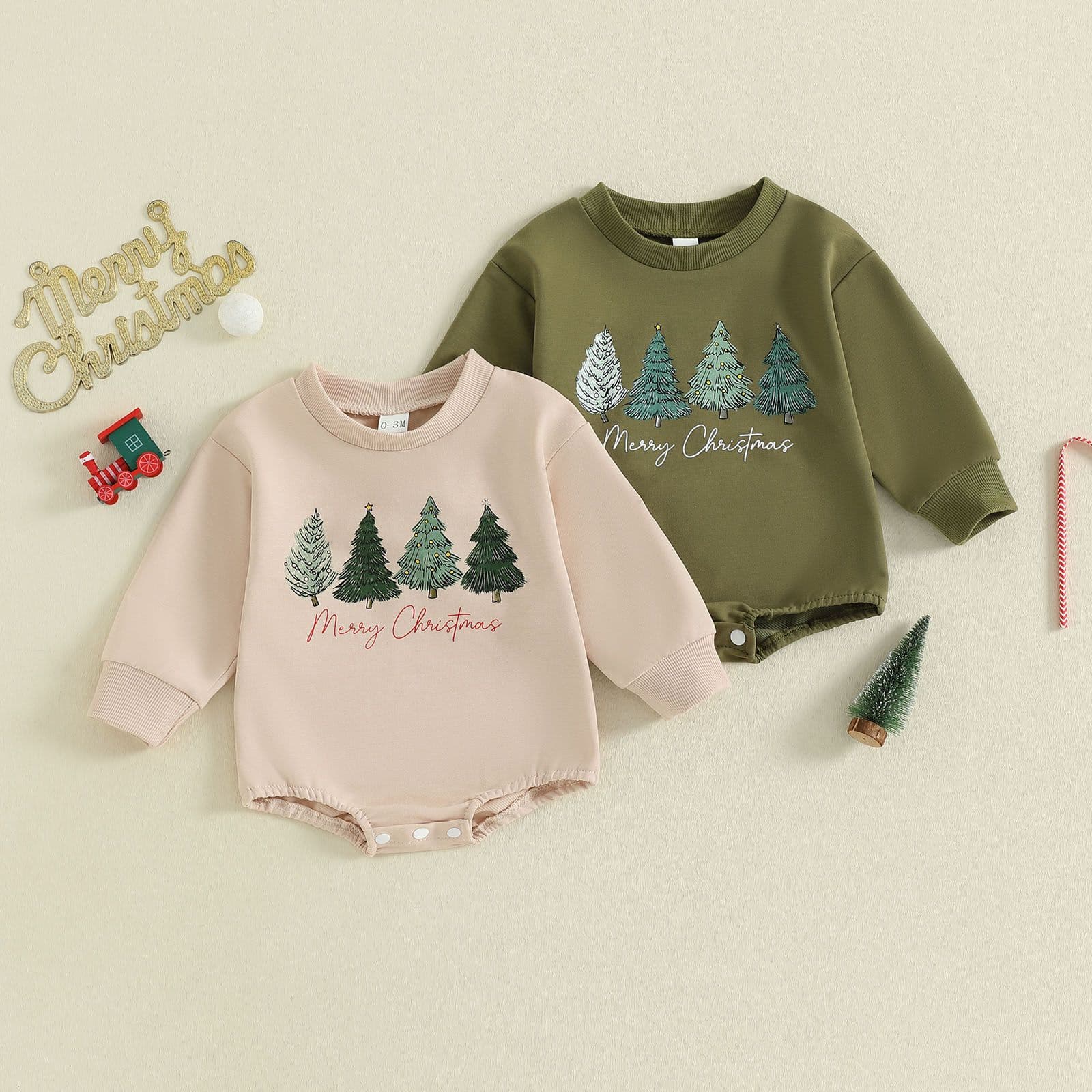 Ins Children's Christmas Casual Romper for Infants and Toddlers, Boys and Girls, Christmas Tree Print, Round Neck, Long Sleeve, Bodysuit