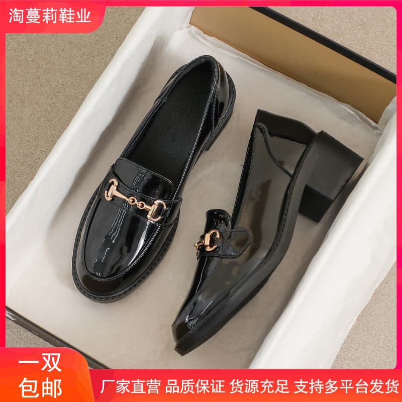 Women's leather shoes, 2025 autumn new British-style horsebit buckle versatile high-heel loafers, black work soft-soled flats.