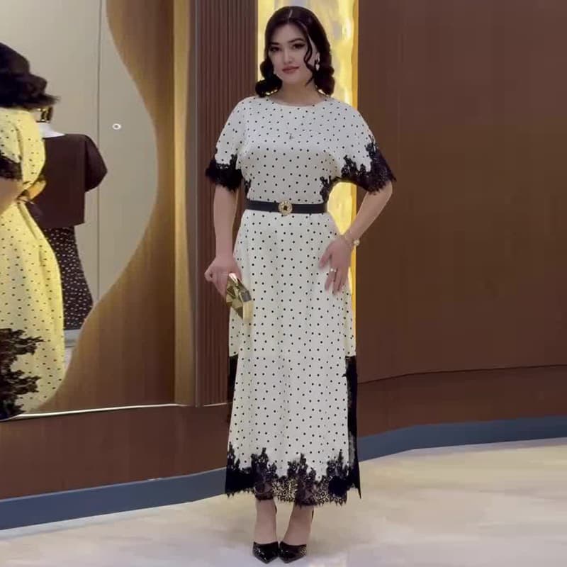 2026 Summer European and American Amazon Cross-border Foreign Trade Women's Belt Waist Lace Splicing Polka Dot White Dress