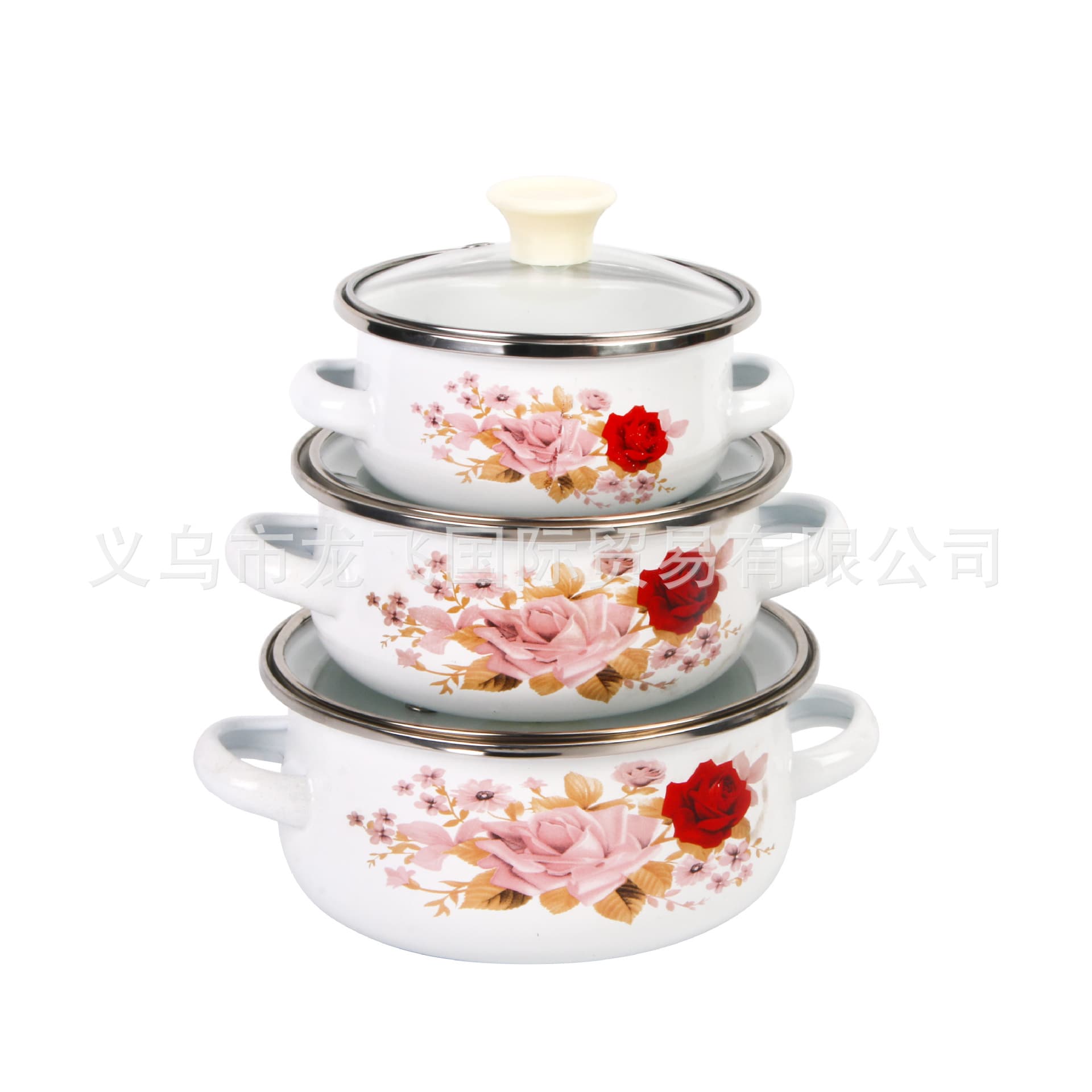 Export 12-14-16CM Gold Rim Enamel Pot Set 601DG Mini 3-Piece Set, Compatible with Induction Cooker and Gas Stove