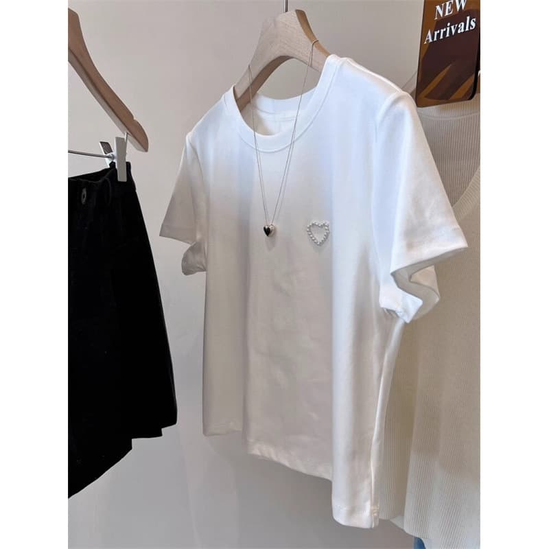 New Plus Size 240 lbs Love Pearl Short Sleeve T-Shirt for Women, Summer Round Neck Slimming Regular Shoulder Versatile Top