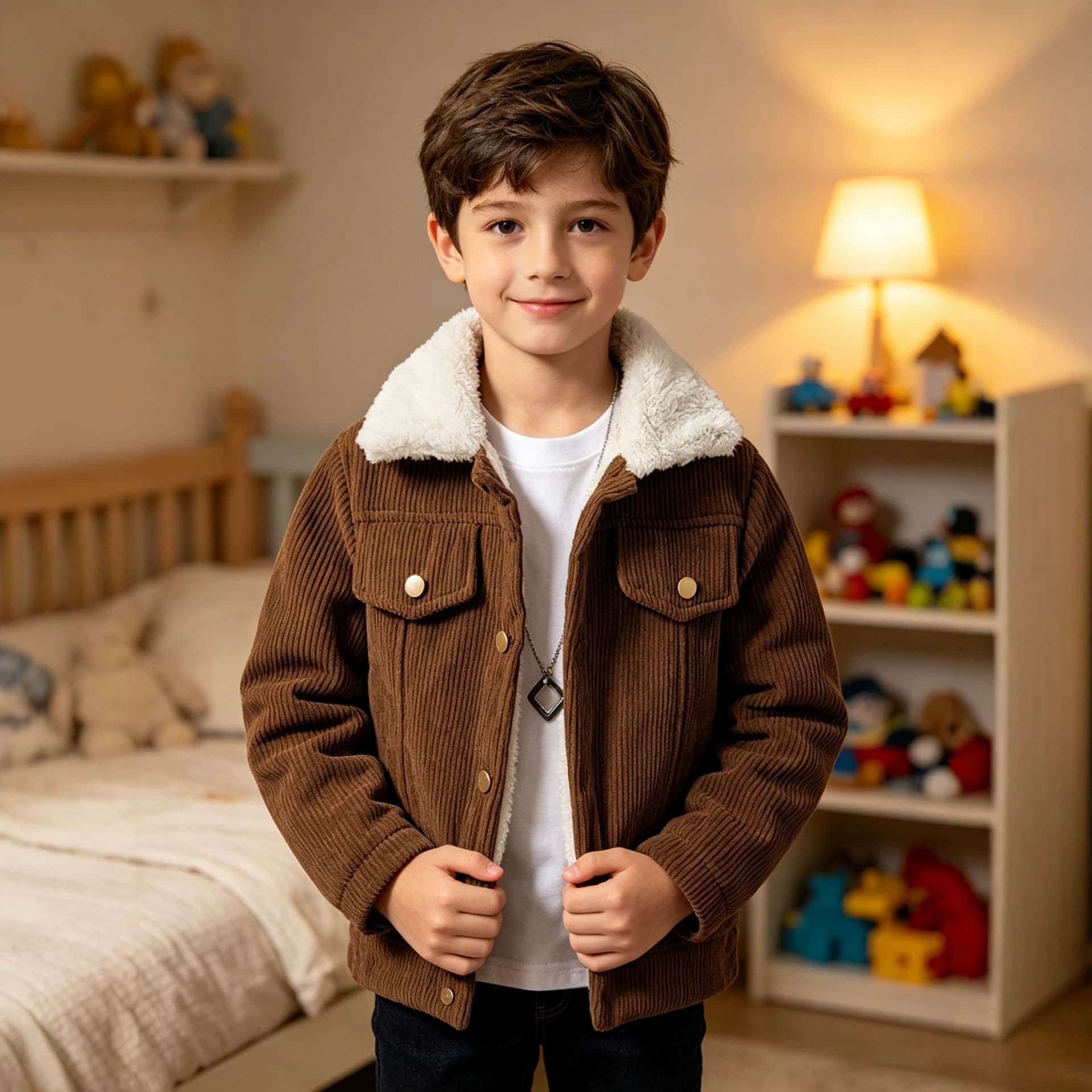 Best-selling Boys' Fall/Winter Trendy Fleece-Lined Thick Warm Jacket with Faux Fur Collar Corduroy Casual Versatile Coat