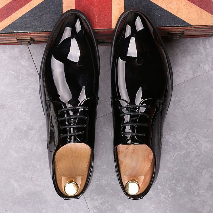 Black Business Formal Patent Leather Shoes Korean Style Casual Shiny Men's Shoes Versatile Suit Groom Wedding Shoes Large Size Fleece Lined