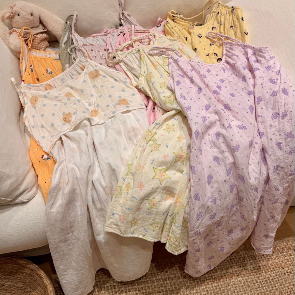 Double-layer cotton gauze cartoon print cami sleep dress for women with padded cups, adjustable straps, loose home dress