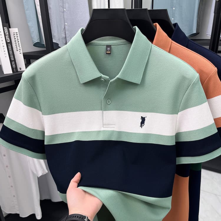 Men's Small Horse Logo Short Sleeve Polo Shirt 2026 New Contrast Color Striped T-Shirt Summer New Half Sleeve Collared Shirt