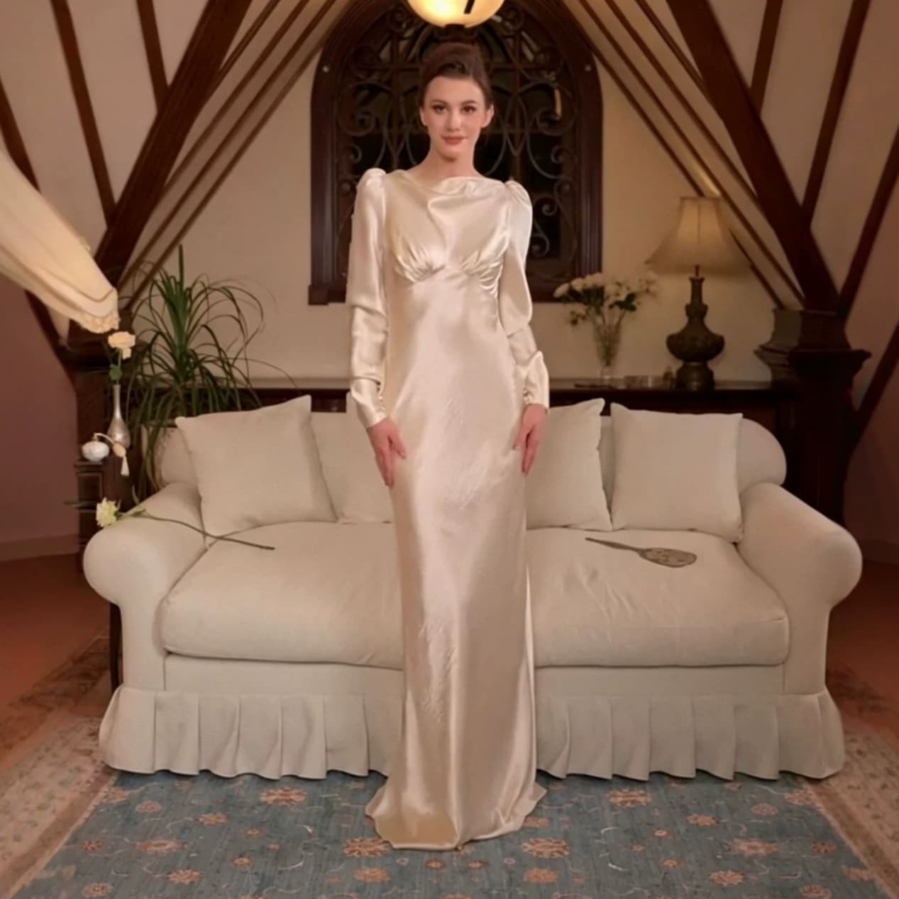 2026 New Women's Waist-Nipping Tea Dress, Slimming Satin Solid Long-Sleeve Long Dress, Elegant Dress