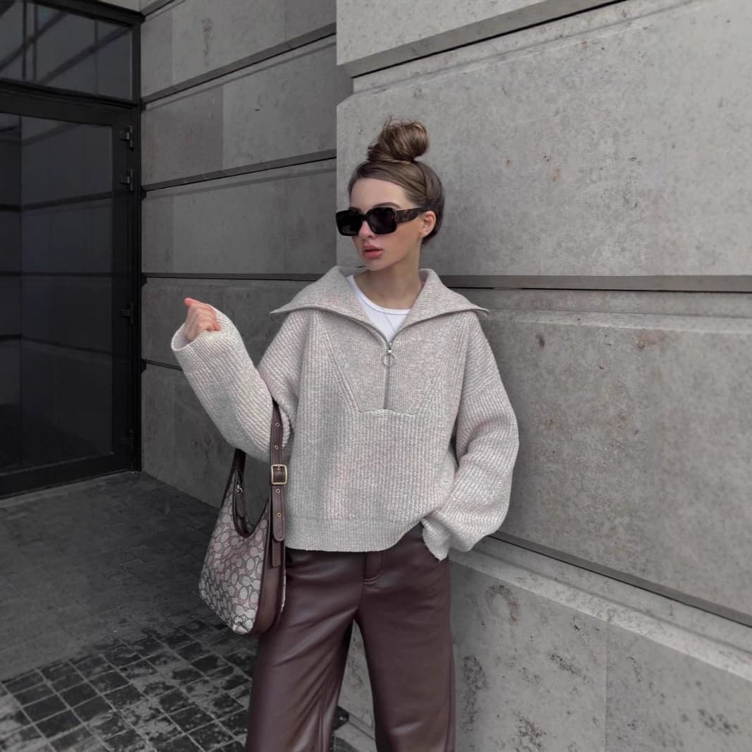 Russian New Cross-Border Half-Zip Sweater Women's Spring Knit Casual Jacket Top