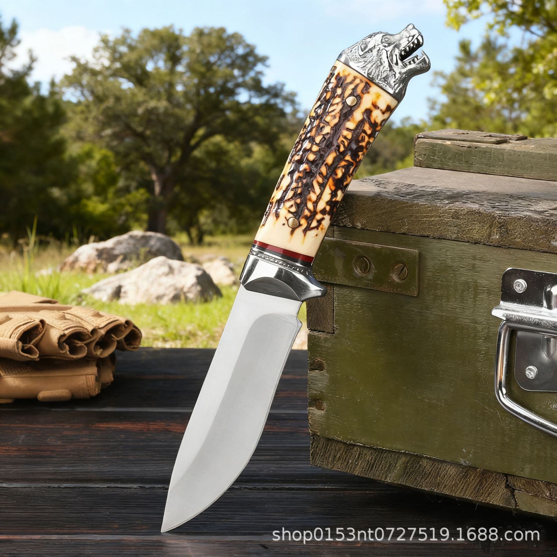 Cross-Border Outdoor Survival Knife Camping Portable Straight Knife Double Steel Head Imitation Deer Bone Multi-Purpose Knife High Hardness Multi-Functional Hunting Knife