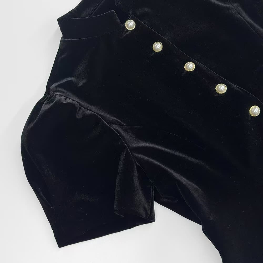 Cross-Border Chic Summer Chanel-Style Bubble Sleeve Jacket, Round Neck with Pearl Single-Breasted Buttons, Slim Fit and Versatile Top for Women