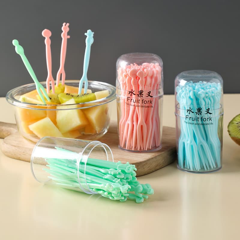 Household fruit fork plastic creative cute cartoon disposable cake two-pronged fork dessert fruit sign snack fork