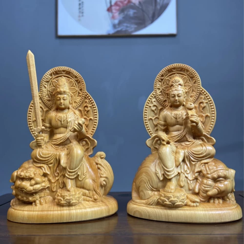 Taihang Thuja wood carving Manjushri and Puxian Bodhisattva ornaments solid wood carving crafts creative root carving home decorations