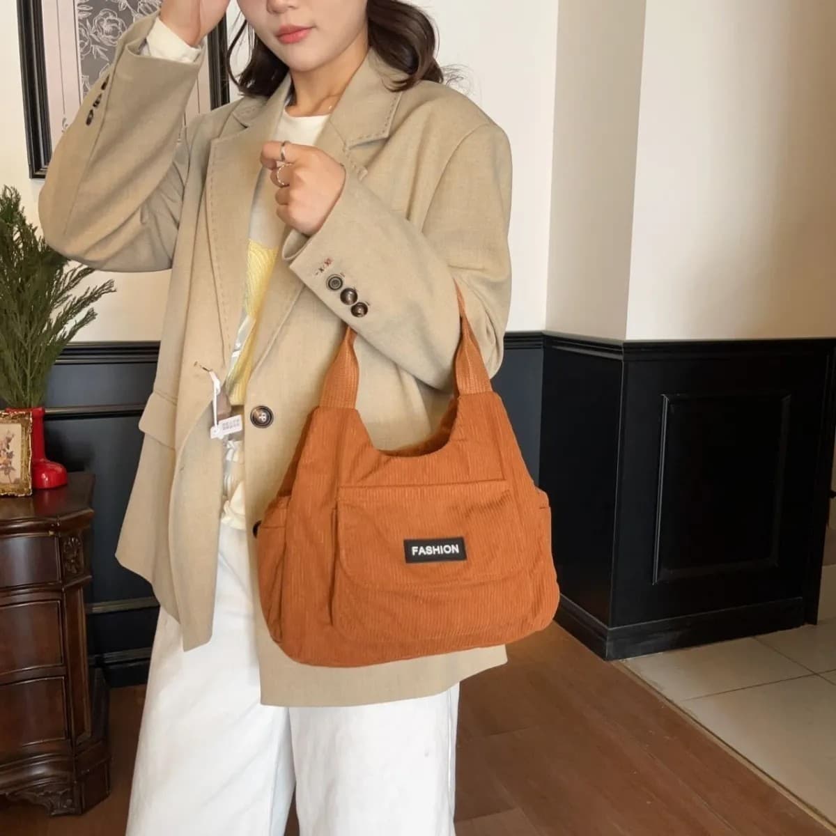 Corduroy Bag Women's Versatile Tote Bag Outing Mommy Bag Student Shoulder Underarm Commuter Bag Handheld Handbag