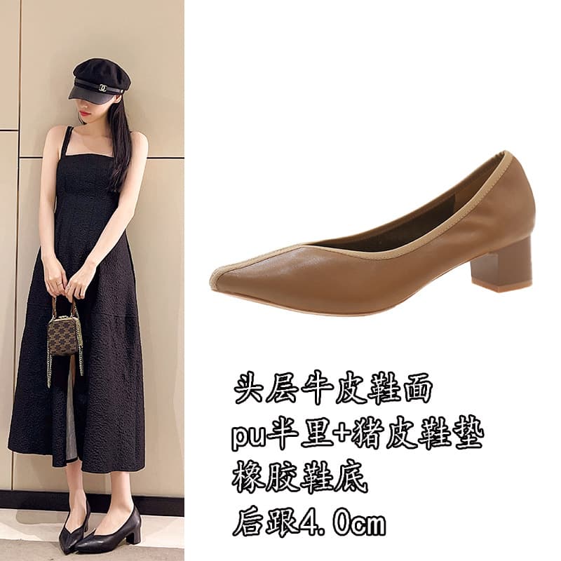 Top-grain cowhide low-cut retro heeled shoes, new spring 2025 style, genuine leather chunky mid-heel soft leather V-mouth pointed toe single shoes for women.