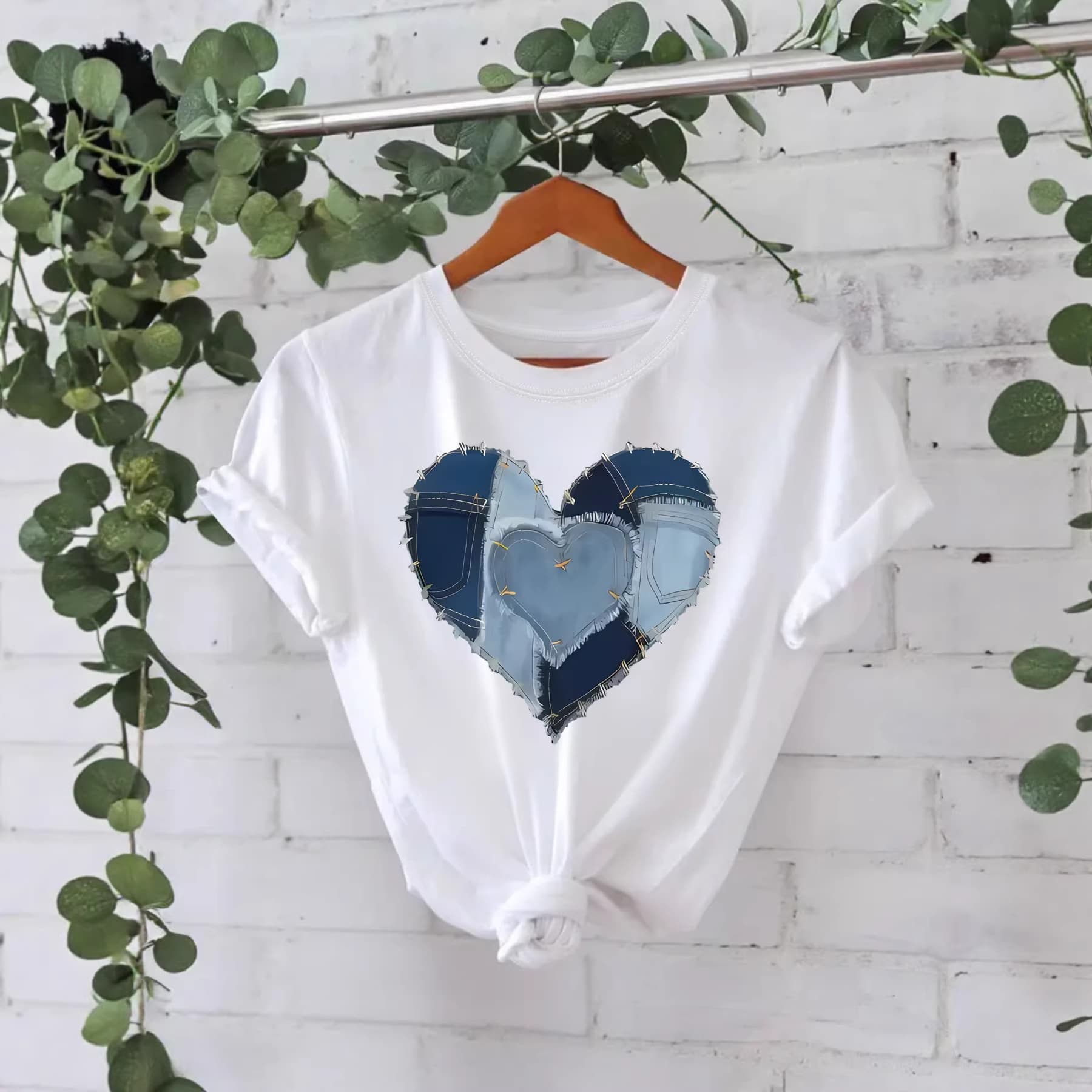 EU/US Independent Station Cross-border Short Sleeve Women's T-Shirt, In Stock, Denim Heart Print, Summer New Style, Pure Cotton T-Shirt