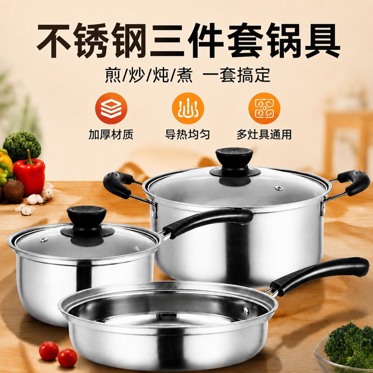 Factory Direct Stainless Steel Gift Set Three-Piece Cookware Set, Soup Pot, Compatible with Induction Cooker and Gas Stove, Wholesale