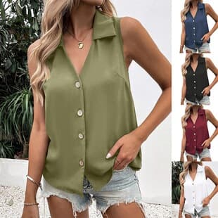2026 European and American Cross-Border Summer New Women's Solid V-Neck Loose Chiffon Sleeveless Button Vest Blouse