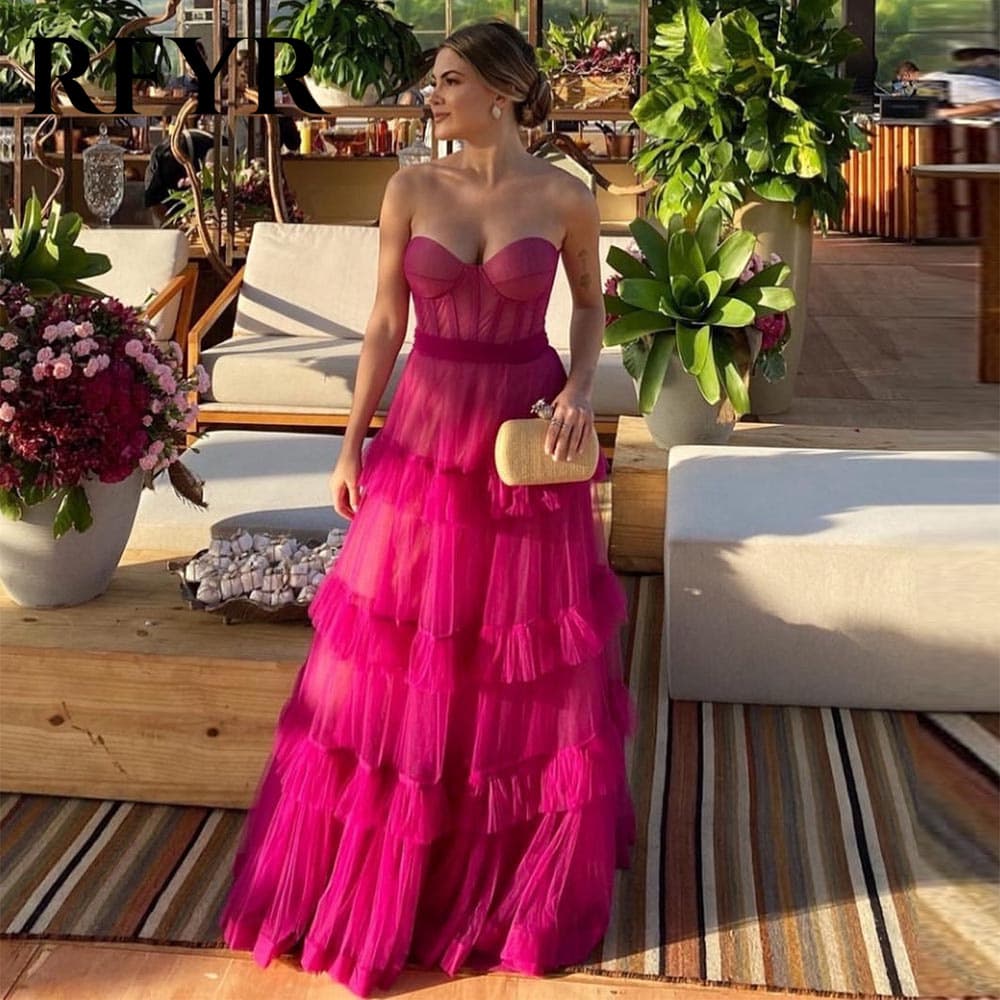 Rose Red Layered Pleated Tulle Prom Dress Sweetheart Strapless Evening Gown
