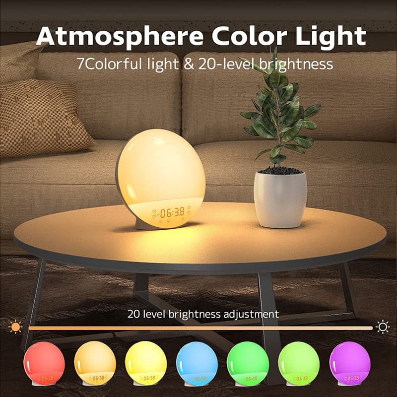 Simulated Sunrise Wake-Up Light LED Digital Alarm Clock, RGB Atmosphere Bedside Lamp with White Noise for Children