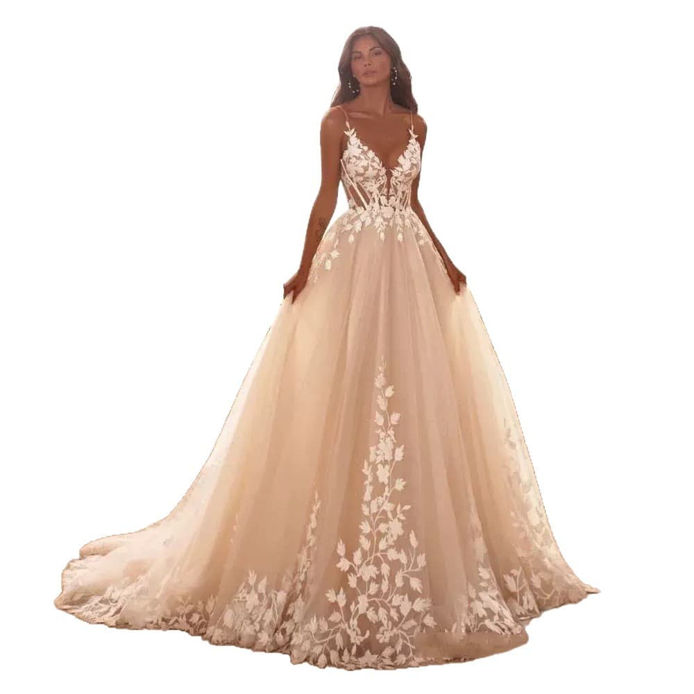 Bridal Spaghetti Strap Deep V-Neck European and American Wedding Dress Women's Tulle Skirt Main Lace Cross-border Light Wedding Dress New Style Gown French Foreign Trade