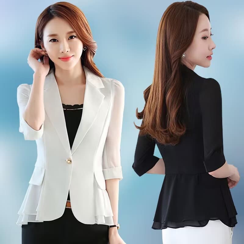 Short Women's Blazer Jacket, Slim Fit, Korean Style, Three-Quarter Sleeve, Ruffled Chiffon, Plus Size for Curvy Women, White Suit, Lightweight Summer