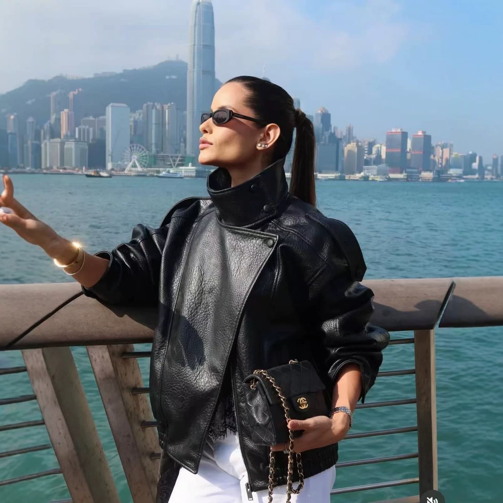 European and American cross-border stand-collar pebble-grain PU motorcycle leather jacket women's casual versatile loose drop-shoulder coat, drop shipping available