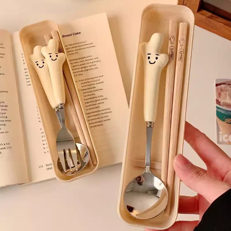 Ceramic High-Aesthetic Spoon and Chopsticks Personal Use Cute Little Ginger Classmate Utensils: Spoon, Fork, Chopsticks Student Outdoor Portable Utensils