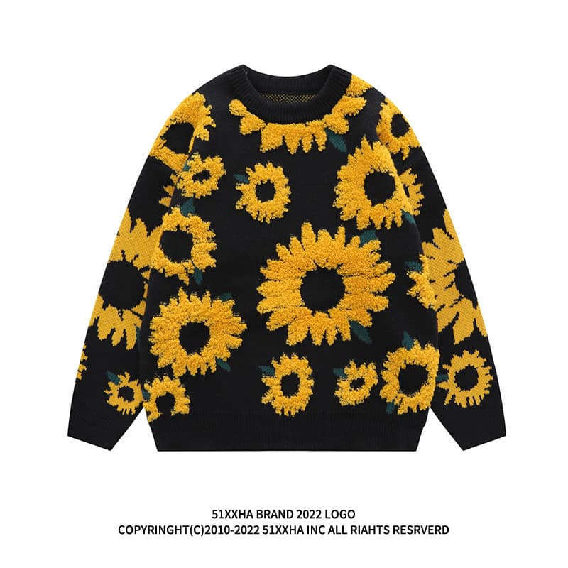 Laid-back Style Long Sleeve Fleece-Lined Knitwear Men's Women's Autumnal Japanese Retro Sunflower Graphic Hip Hop Trendy Brand C