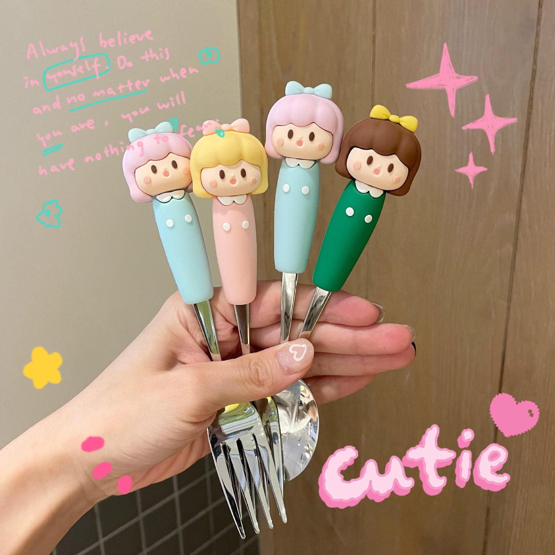 304 stainless steel spoon and fork set cartoon cute spoon little girl children's spoon fruit fork dessert spoon