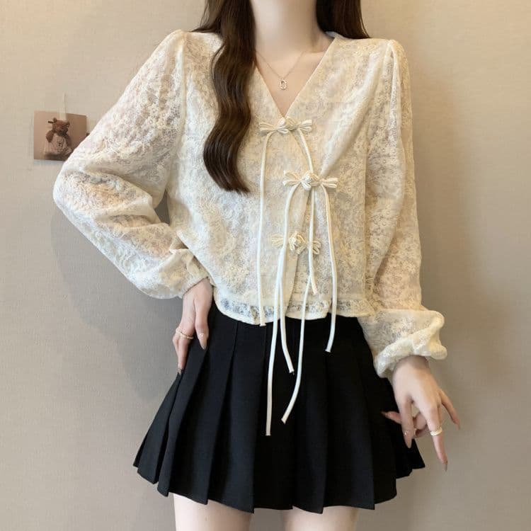 Chinese style button-down lace shirt long-sleeved cardigan for women spring and autumn new fat new Chinese style large size women's tops new products