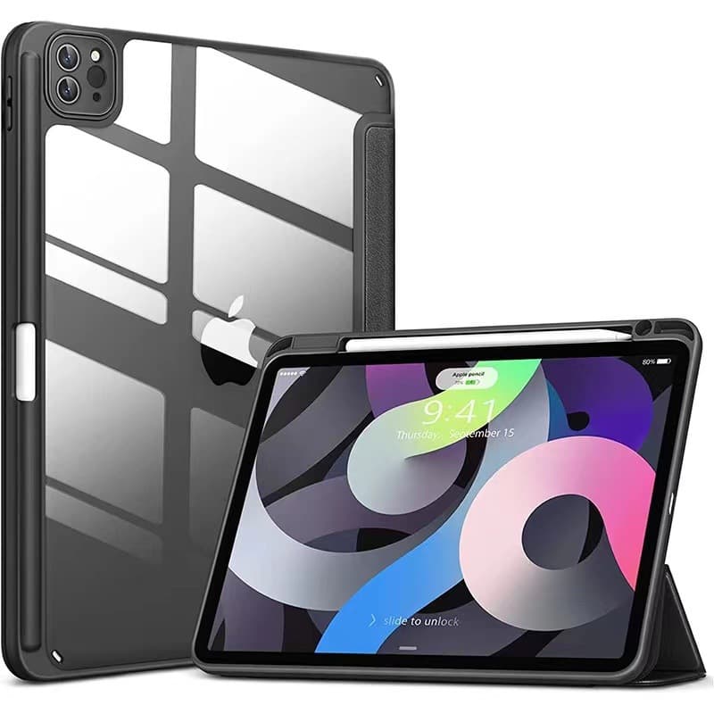Hot-selling iPad full-coverage solid color tri-fold protective case, anti-drop with pen holder, acrylic side-attached soft edge leather cover