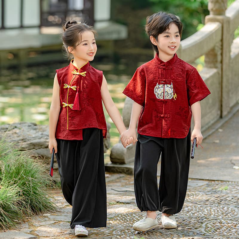 New summer styles for boys and girls, unisex embroidered cool ancient style ethnic style Hanfu Tang suit two-piece sets wholesale