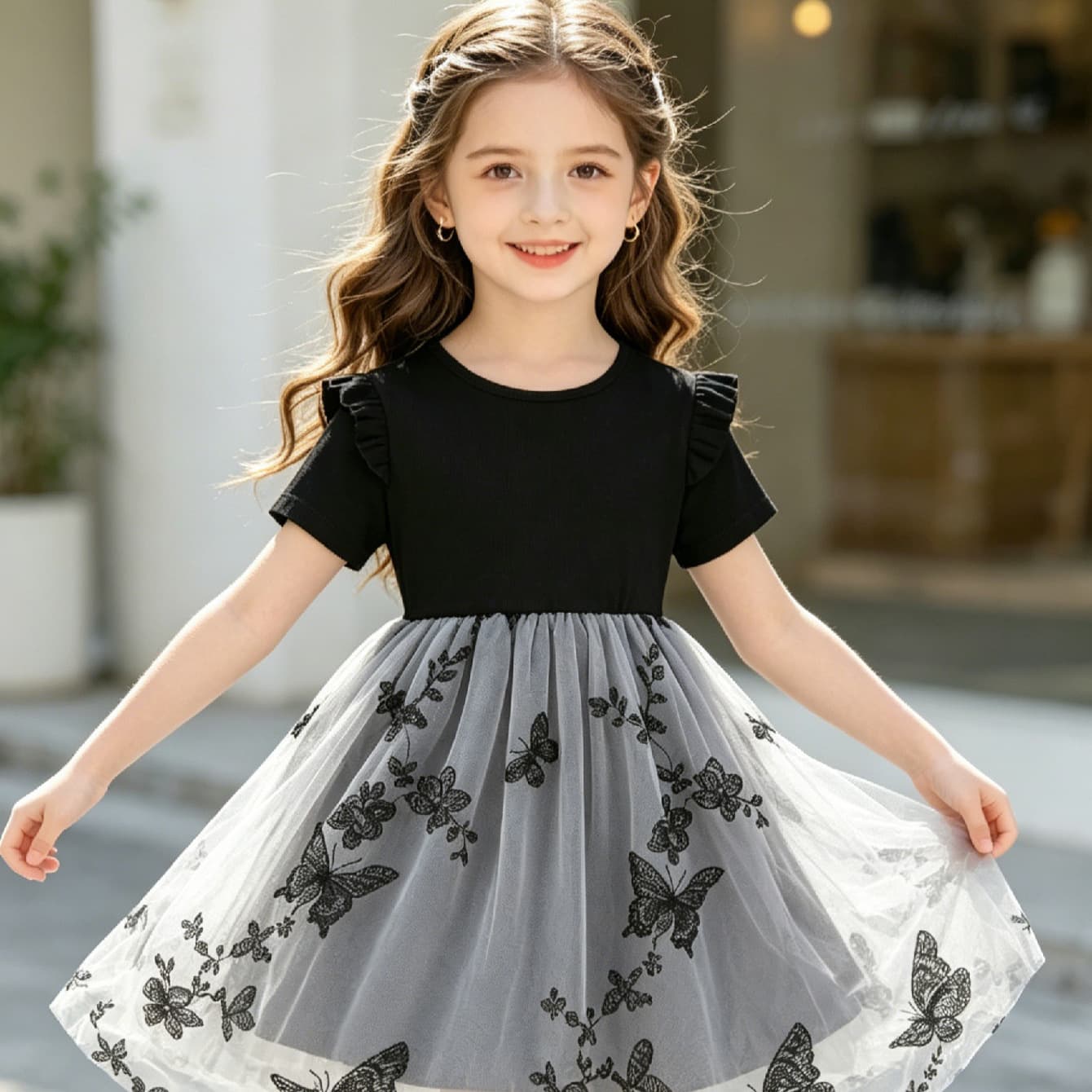 Summer Girls Ribbed Flutter Sleeve Dress Children Butterfly Embroidery Tulle Tutu Dress Girl Outing Princess Dress Fashion