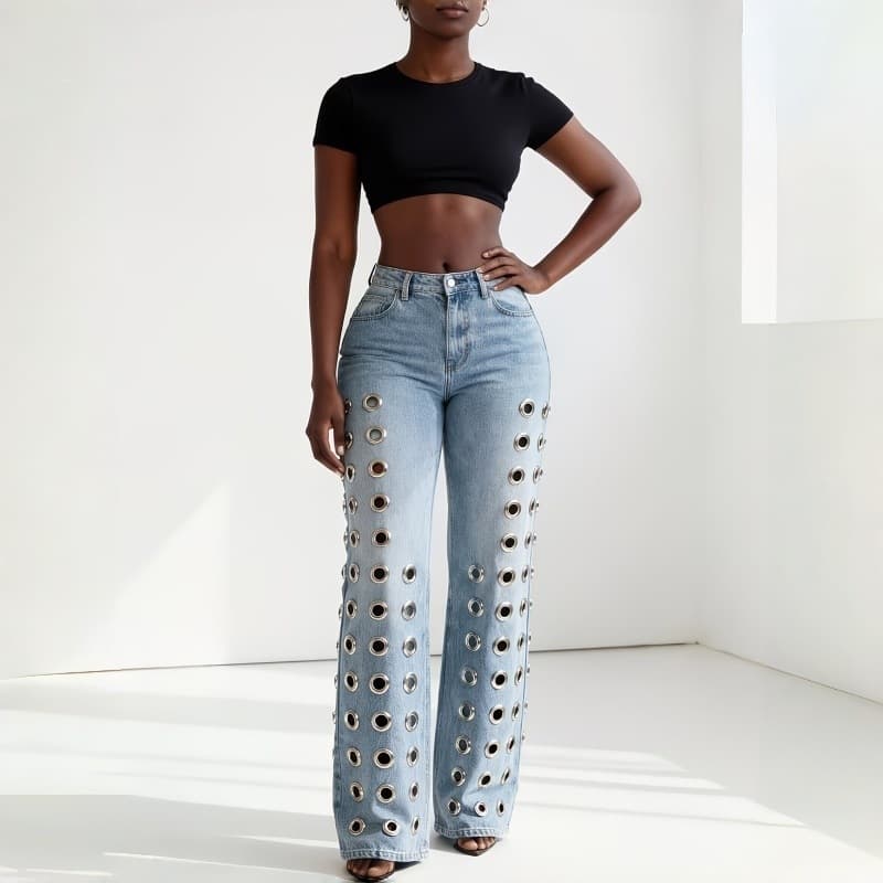 European and American cross-border high-waist washed distressed jeans for women with metal hollow loose casual straight wide-leg jeans for women