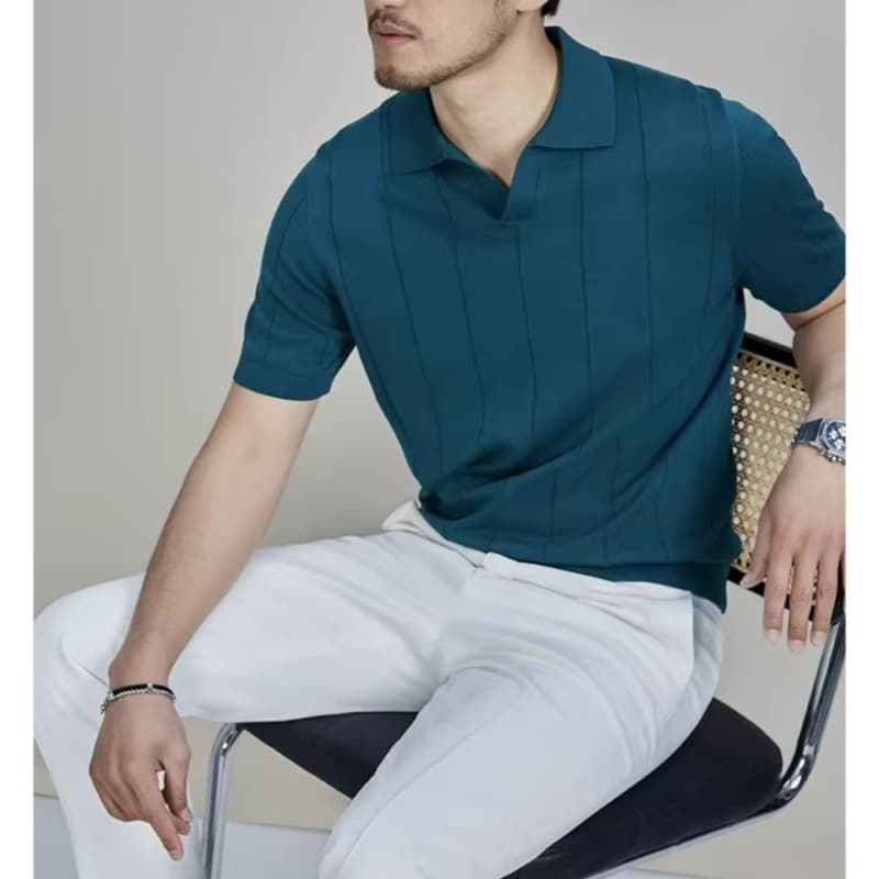 Summer Men's Solid Color Polo Shirt, Ice Silk Versatile Slim-Fit Knit Short-Sleeve Business Casual Shirt, Slimming and Cool