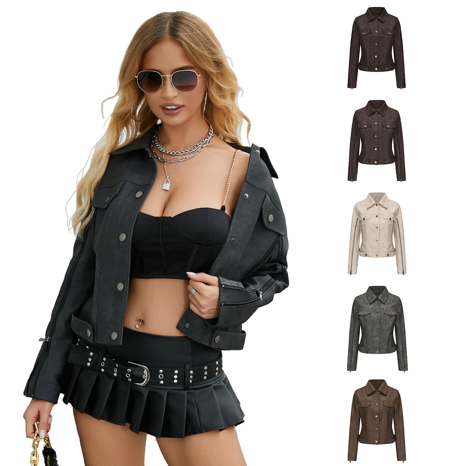 2024 New Fashion Multi-Zip Decorated Motorcycle Jacket Long Sleeve Cardigan Trendy Spring Autumn Thin Leather Coat for Women