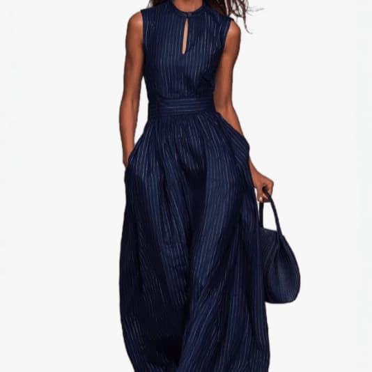 2026 New Style Dark Blue Striped Sleeveless Waist-Cinching Wide-Leg Jumpsuit for Women, Long Fashion Cross-Border Women's Summer High-End Style
