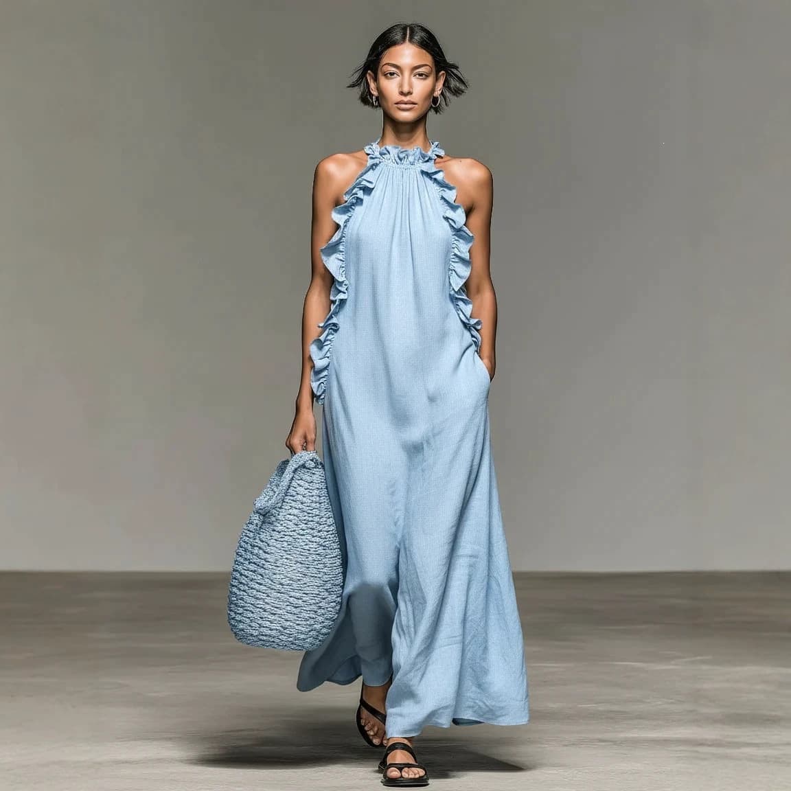 Vacation Style Ruffle Neck Halter Dress for Women, Sleeveless Loose Cotton Linen Long Dress with Pockets, Beach Casual Maxi Dress